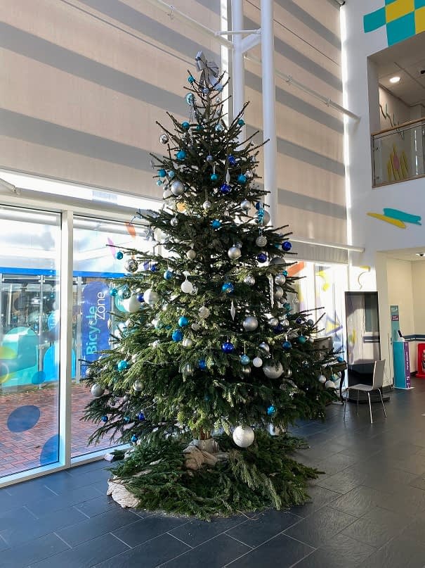 Photo of Christmas tree in foyer of Newham hospital